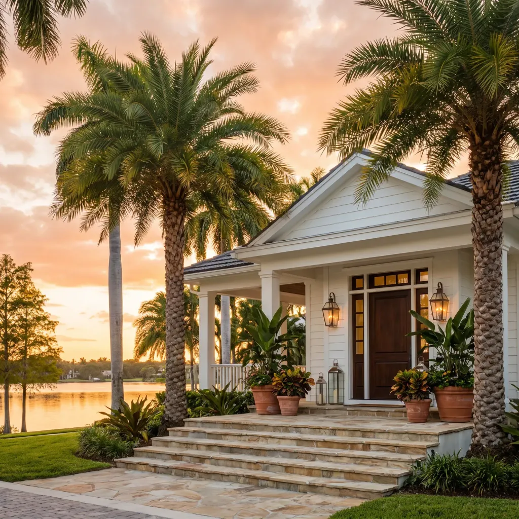 The palm-framed front entry of a white lakefront home at golden hour
